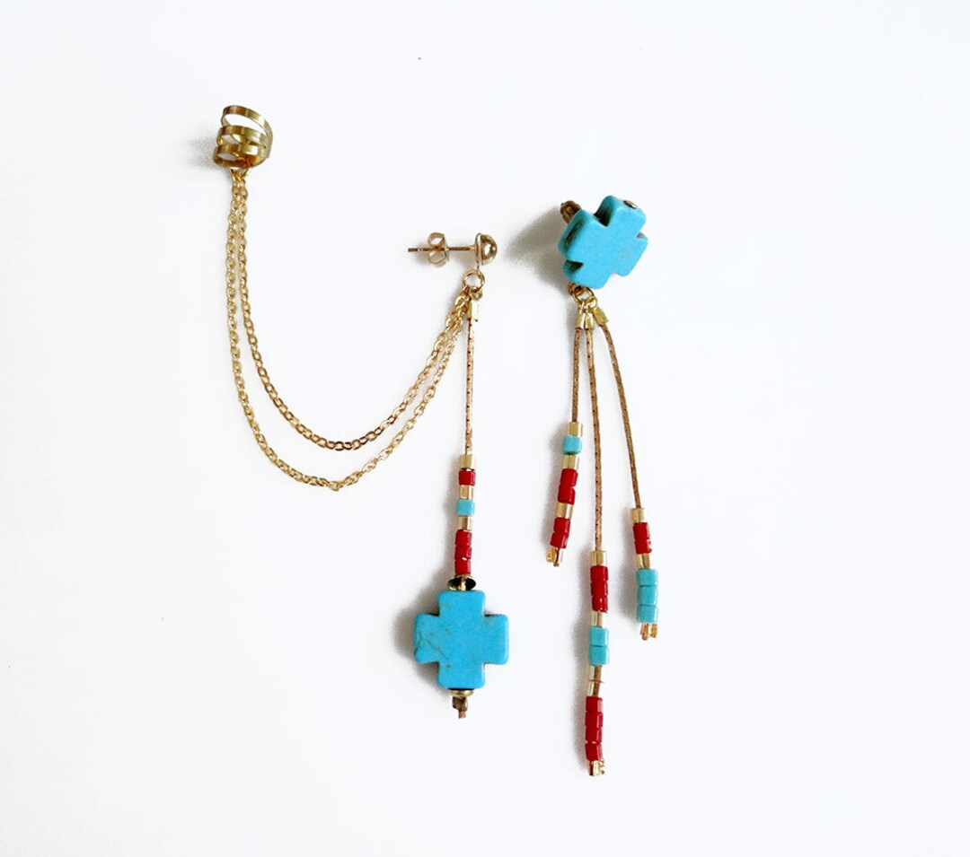Chain Ear Cuff Earrings Turquoise Ear Cuff With Chains Cross Etsy