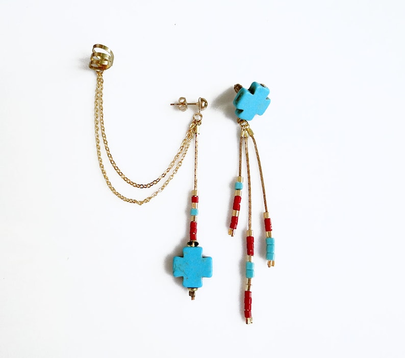 Chain Ear Cuff Earrings Turquoise Ear Cuff With Chains Cross Etsy