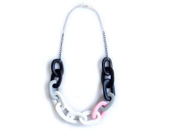 Black White Pink Polymer Necklace, Oversized Chain Link Necklace