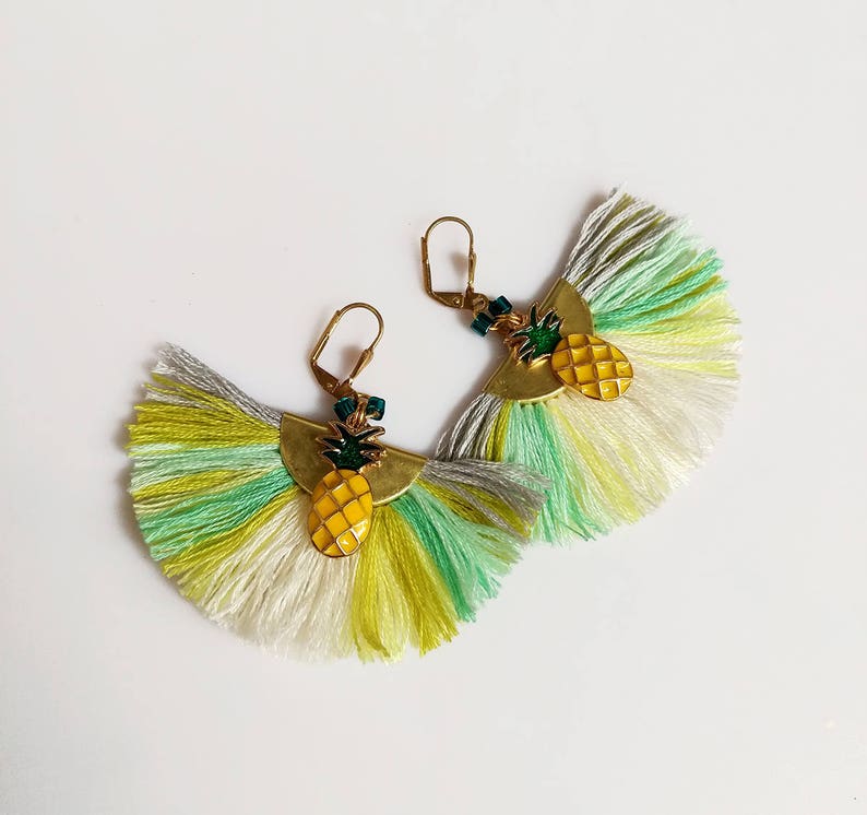 Pineapple Tassel Earrings, Fruit Earrings, Tropical Earrings, Trending Summer Jewelry, Mint Yellow Earrings image 2