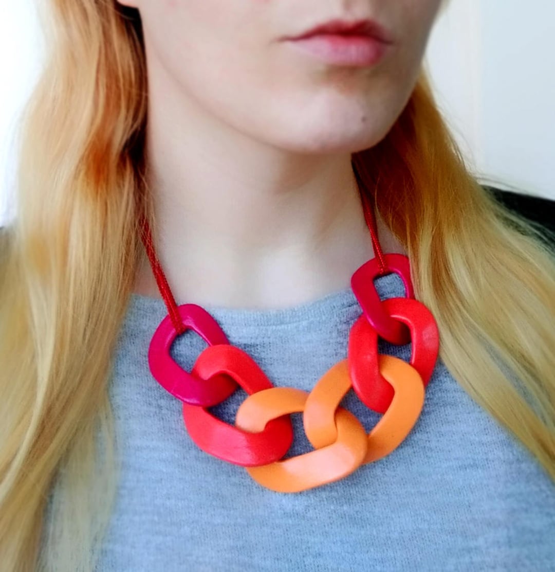 Chunky Red Statement Necklace, Red Orange Chain Link Necklace, Summer ...