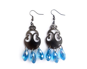 Blue Crystal Earrings, Chandelier Statement Earrings, Oriental Ornate Dangles