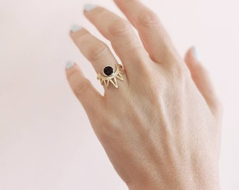 Gold Evil Eye Ring: Black Tourmaline Gemstone, Adjustable Crown Ring