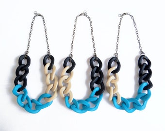 Big Chain Statement Necklace, Oversized Chain Link Necklace, Black and Blue Polymer Clay Necklace,