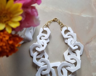 White Hex Necklace, Chunky Geometric Link Statement Necklace, Hexagon Necklace