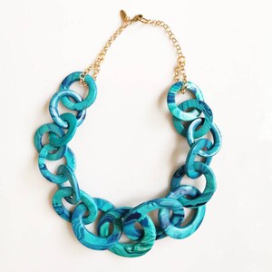 Teal Blue Chunky Link Statement Necklace, Swirly Aqua Blue collier, Iris Apfel Jewelry image 5