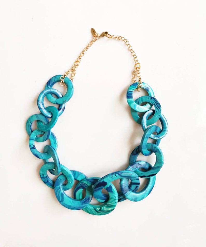 Teal Blue Chunky Link Statement Necklace, Swirly Aqua Blue collier, Iris Apfel Jewelry image 5