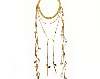 Beaded Tassel Lariat Necklace: Boho Gold Plated Chain Choker