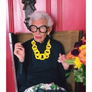 Iris Apfel Yellow Chunky Link Necklace, Irregular Hex Link Necklace, Geometric Hexagon Statement Necklace