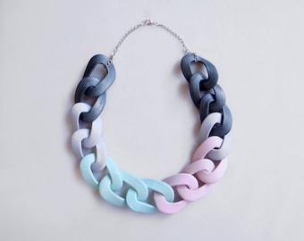 Chain Link Statement Necklace, Pastel Color Block Chunky Necklace in mint, grey, pink