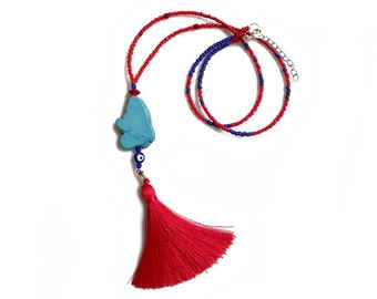 Long Tassel Turquoise Boho Necklace, Beaded Tassel Necklace, Red Blue Beaded Necklace