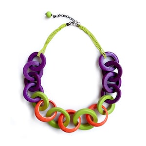 Colorful Statement Necklace, Multicolor Summer Necklace, Chain Rings Necklace, Chunky Chain Link