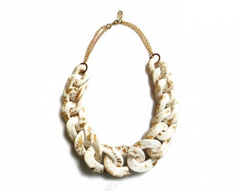 White Chunky Chain Necklace with Gold Specks, Oversized Chunky Chain Link Necklace, White Statement Necklace