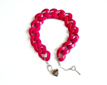 Pink Chunky Necklace, Lock Statement Necklace,  Fuchsia Necklace, Oversized Chain Link Necklace