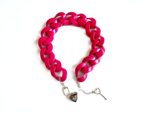 Pink Chunky Chain Necklace: Handmade Polymer Clay Lock Statement