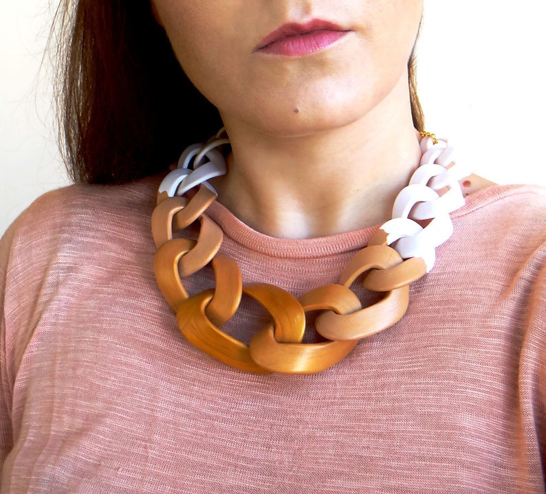 Chunky Rose Gold Necklace, Statement Necklace, Polymer Clay Necklace in white and rose gold image 5