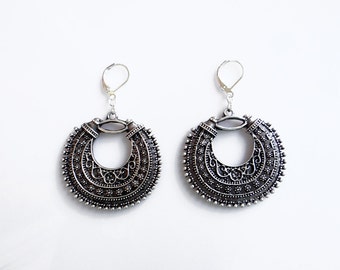 Large Circle Boho Filigree Earrings, Silver Filigree Ethnic Earrings