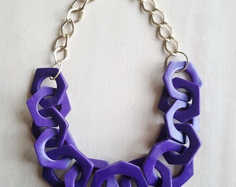 Purple Chunky Necklace, Irregular Link Necklace, Geometric Hexagon Statement Necklace