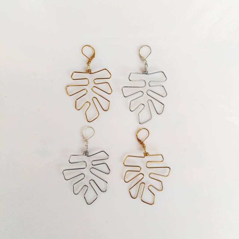 Monstera Leaf Earrings, Botanical Large Plant Leaves Wire Earrings Silhouette image 6