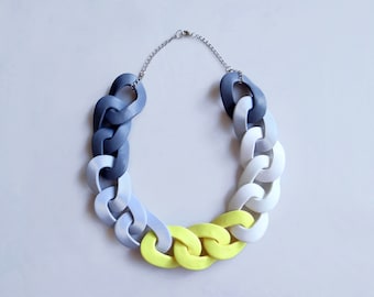 Chain Statement Necklace, Chunky Link Necklace, Yellow Grey White Necklace