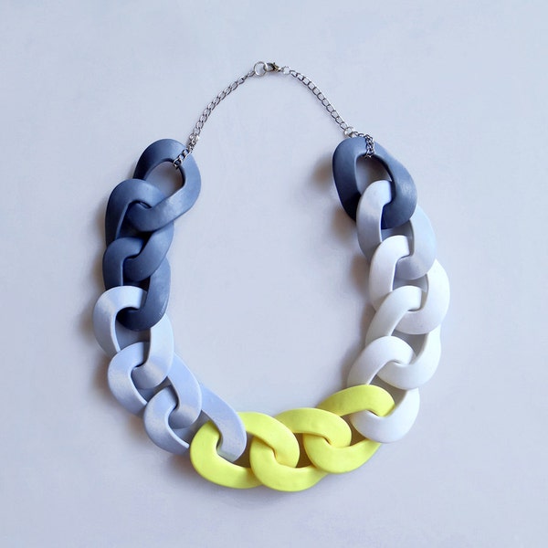 Chain Statement Necklace, Chunky Link Necklace, Yellow Grey White Necklace