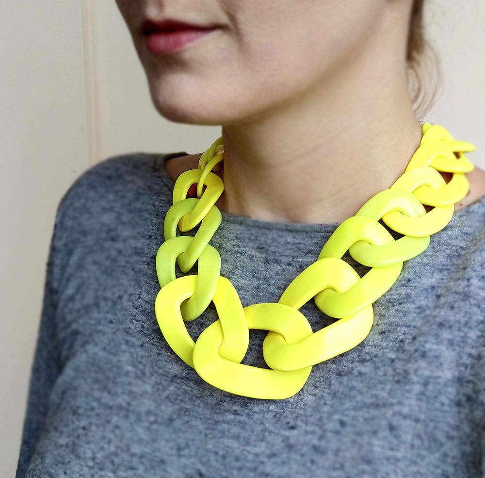 Yellow Chain Link Necklace, Oversized Statement Necklace, Chunky Yellow Bib Necklace