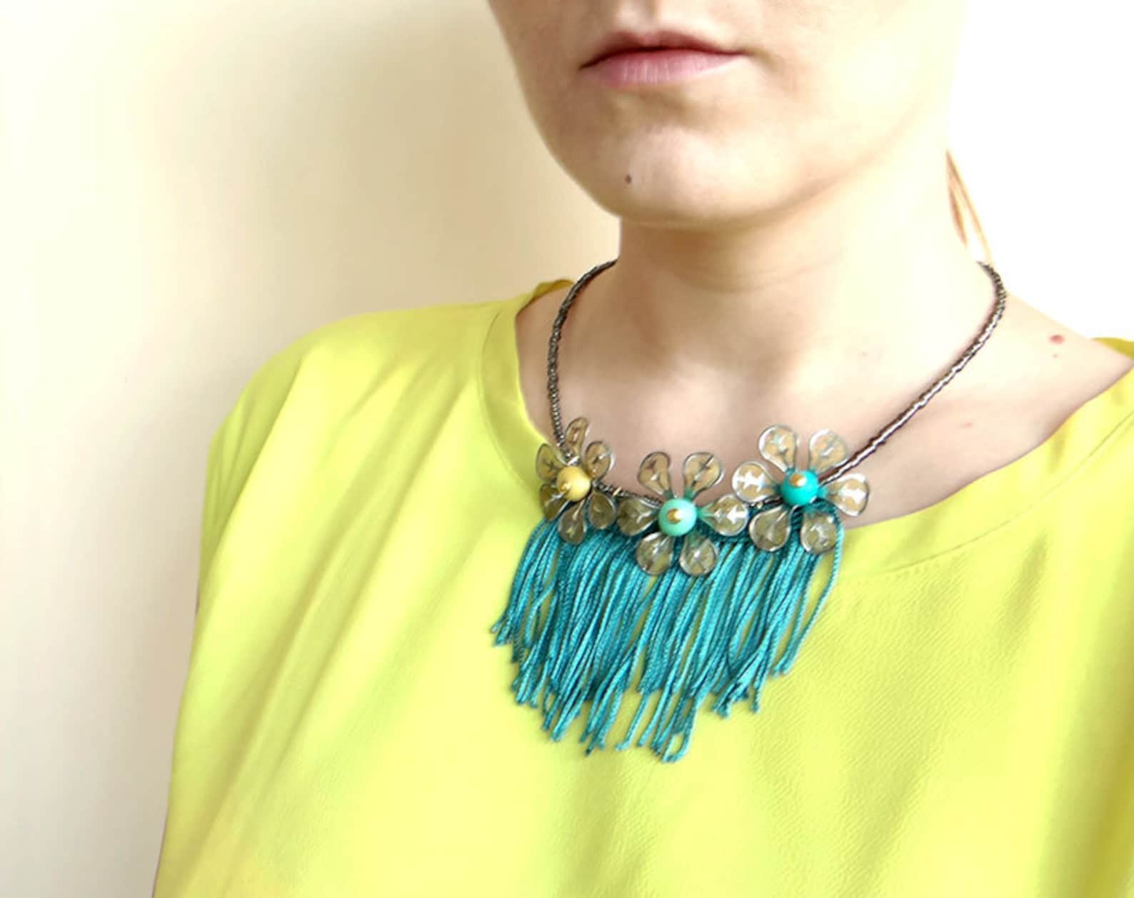 Flower Statement Necklace Bib Necklace Fringe Tassel Etsy