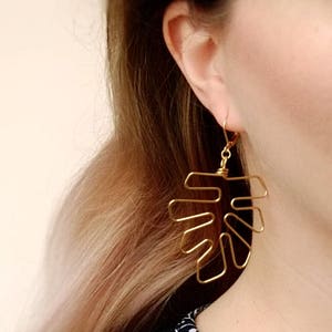 Monstera Leaf Earrings, Botanical Large Plant Leaves Wire Earrings Silhouette image 2