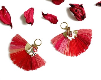 Elephant Tassel Earrings, Red Boho Statement Earrings, Fan Earrings,  Fiber Earrings