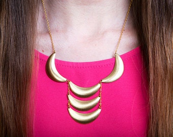 Bib Statement Necklace Brass Crescent Scalloped Necklace, Ladder Necklace