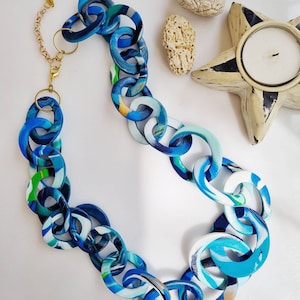 Teal Blue Chunky Link Statement Necklace, Swirly Aqua Blue collier, Iris Apfel Jewelry image 1