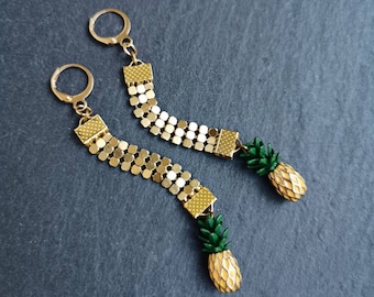 Pineapple Statement Earrings, Long Drop Gold Mesh Earrings