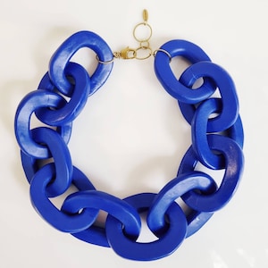 Navy Blue Bottega Chain Necklace, Oversized Chain Link Statement Necklace Polymer Clay