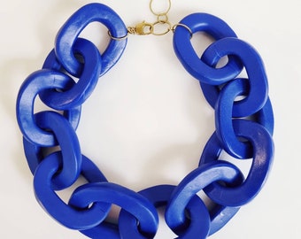 Navy Blue Bottega Chain Necklace, Oversized Chain Link Statement Necklace Polymer Clay