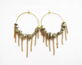 Gemstone Hoop Earrings, Fringe Hoop Statement Earrings, Pyrite Earrings