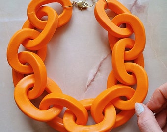 Gigantic Orange Clementine Chain Necklace, Huge Bottega Chain Link Necklace, Polymer Clay Statement Necklace