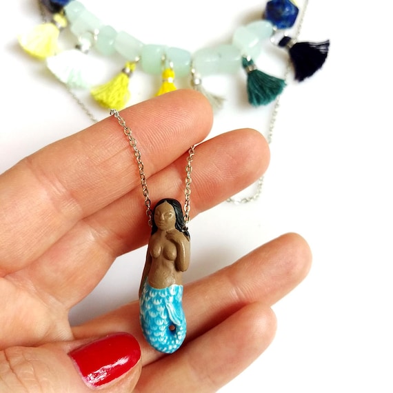 Mermaid Siren Necklace, Ceramic Charm Beach Nautical Necklace