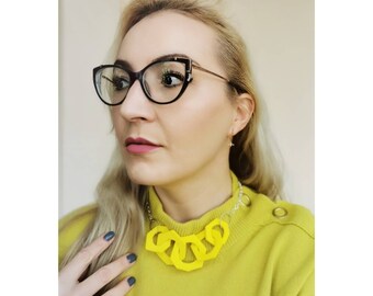 Lightweight Statement Yellow Necklace, Chunky Link Geometric Necklace, Hexagon Necklace