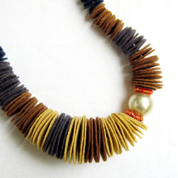 Ombre Felt Necklace- Found a Pearl  No4, mustard yellow, brown and black, oversized pearl, Czech crystals