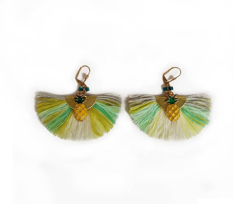 Pineapple Tassel Earrings, Fruit Earrings, Tropical Earrings, Trending Summer Jewelry, Mint Yellow Earrings image 4