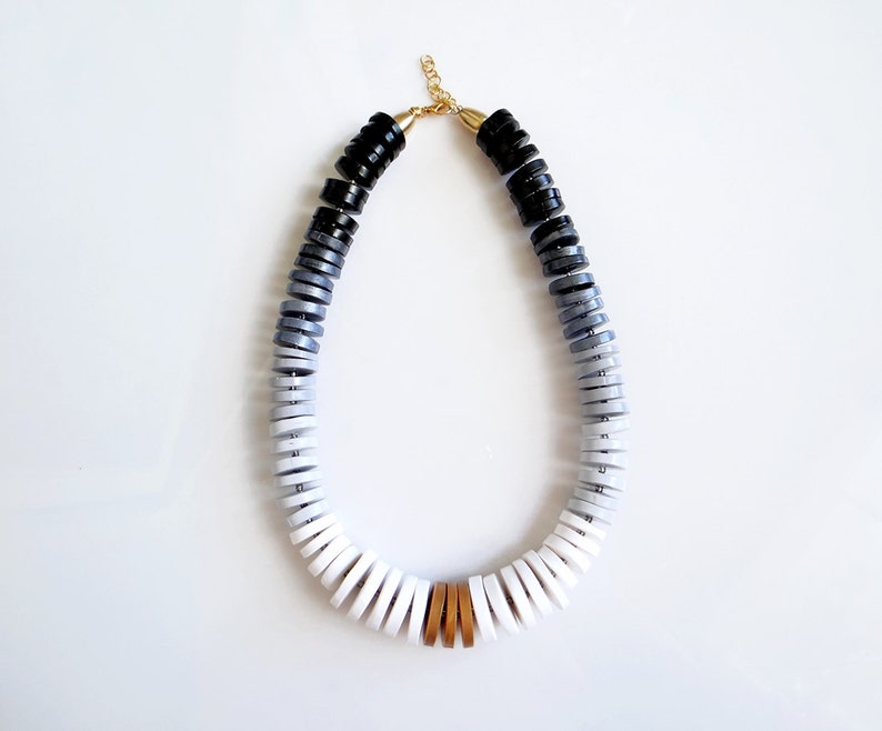 Chunky Statement Necklace, Black and White polymer Necklace, Modern Ombre Bib Necklace, Chunky Necklace image 3