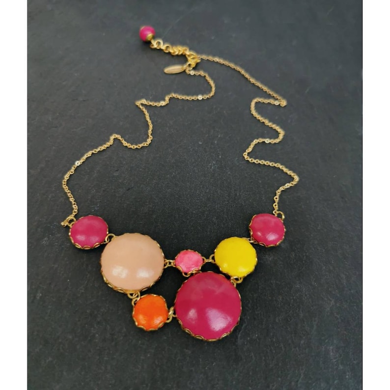 Pink Red Statement Necklace, Bib Necklace in Peach, Pink, Yellow, Red Color Dot Collection Handmade Polymer Clay Necklace image 1