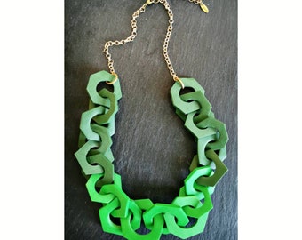 Green Geometric Link Necklace, Chunky Chain Hex Statement Necklace