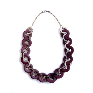 Dark Red Chain Link Necklace, Wood and Polymer Clay Statement Necklace