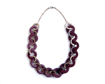 Dark Red Chain Link Necklace, Wood and Polymer Clay Statement Necklace