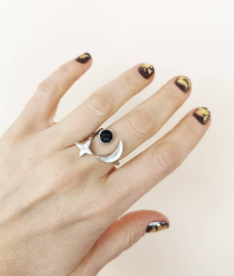 Black Tourmaline Celestial Ring: Adjustable Sun Moon Star Jewelry image 4