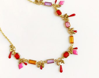 Gold Choker Necklace: Red, Orange & Pink Beaded Boho Jewelry