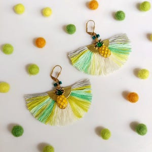 Pineapple Tassel Earrings, Fruit Earrings, Tropical Earrings, Trending Summer Jewelry, Mint Yellow Earrings image 1