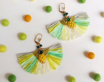 Pineapple Tassel Earrings, Fruit Earrings, Tropical Earrings, Trending Summer Jewelry, Mint Yellow Earrings
