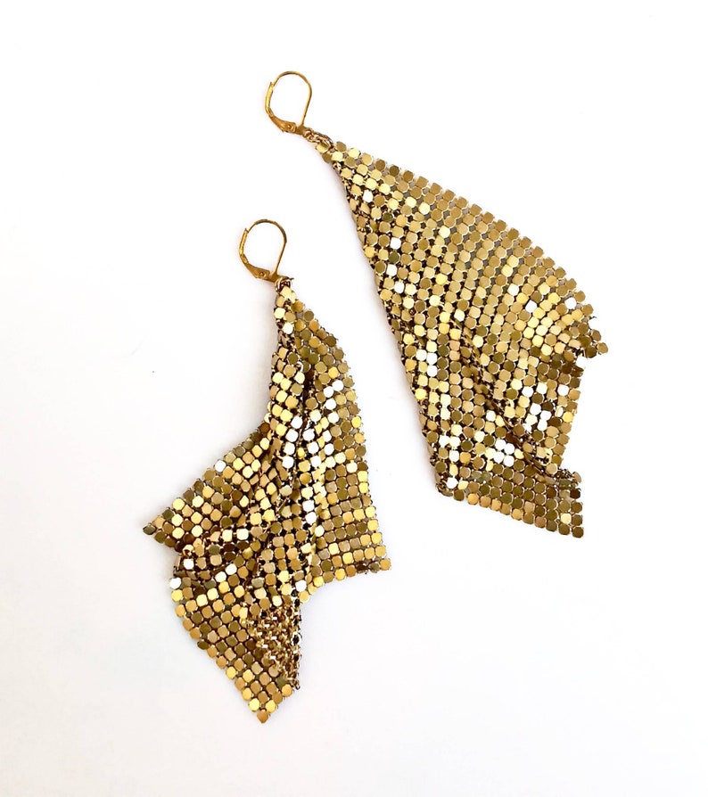 Brass Mesh Statement Earrings, Liquid Metal Party Disco Earrings, Clip on Earrings image 2